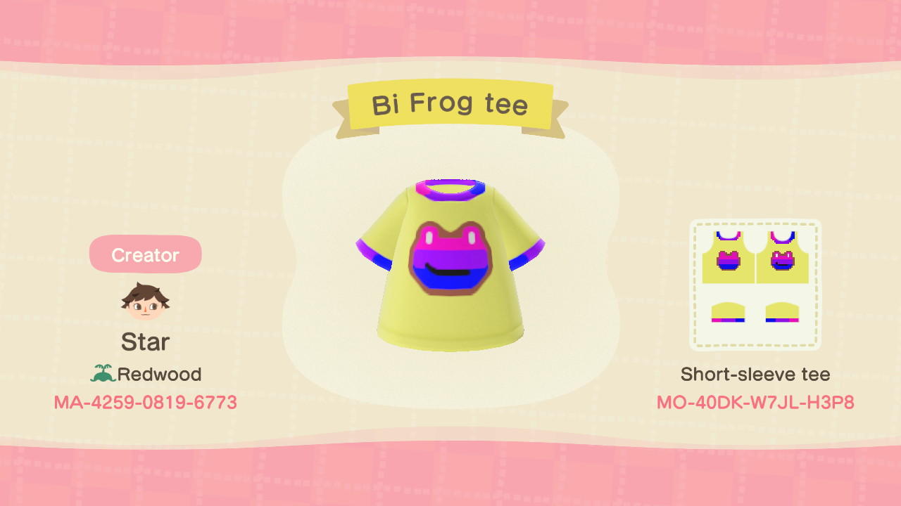 Animal Crossing Design Code: MO-40DK-W7JL-H3P8 Bi frog tee