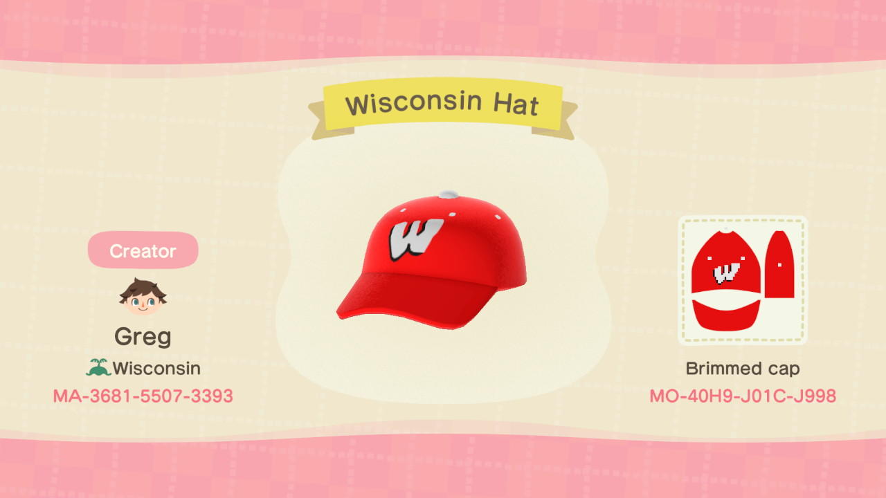 Animal Crossing Design Code: MO-40H9-J01C-J998 Wisconsin Hat