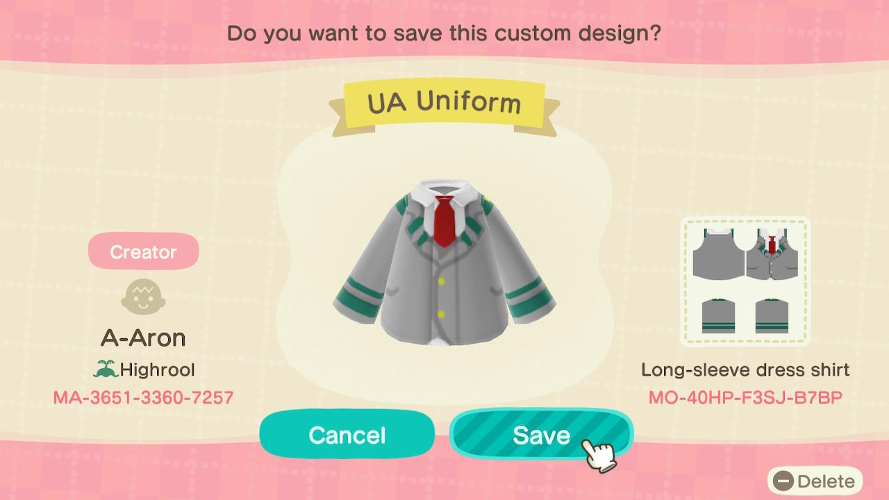 Animal Crossing Design Code: MO-40HP-F3SJ-B7BP UA Uniform