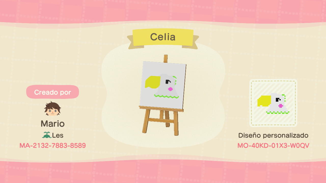 Animal Crossing Design Code: MO-40KD-01X3-W0QV Celia