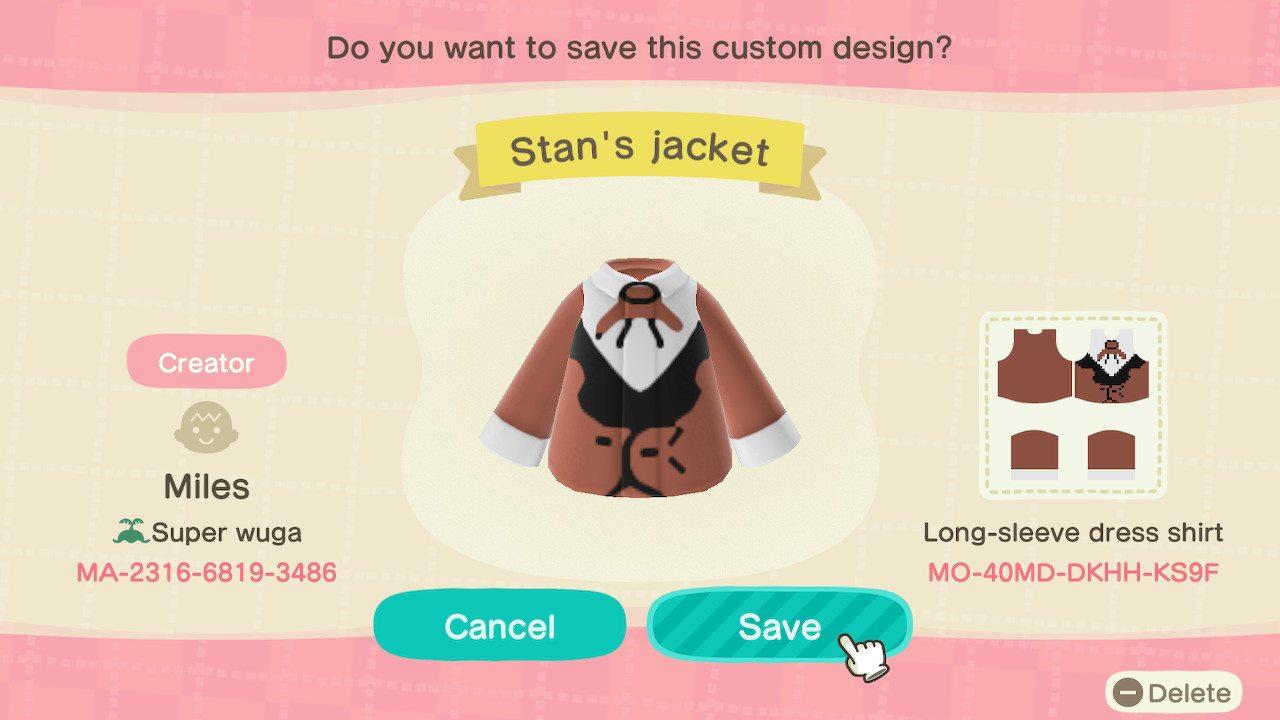 Animal Crossing Design Code: MO-40MD-DKHH-KS9F Grunkle Stan Jacket