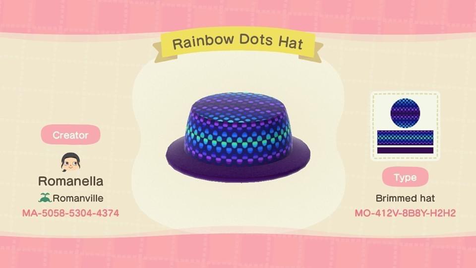 Animal Crossing Design Code: MO-412V-8B8Y-H2H2 Rainbow Dots Hat