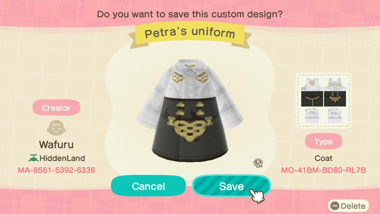 Animal Crossing Design Code: MO-41BM-BD80-RL7B Petra's uniform