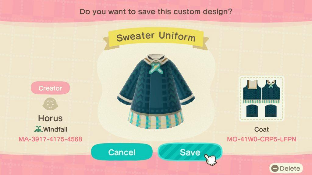 Animal Crossing Design Code: MO-41W0-CRP5-LFPN Sweater Uniform