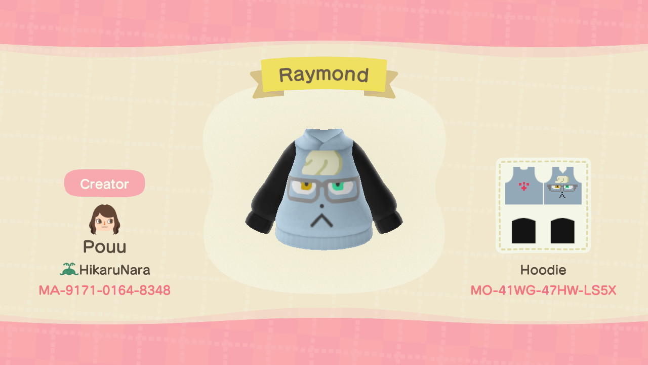 Animal Crossing Design Code: MO-41WG-47HW-LS5X Raymond Hoodie