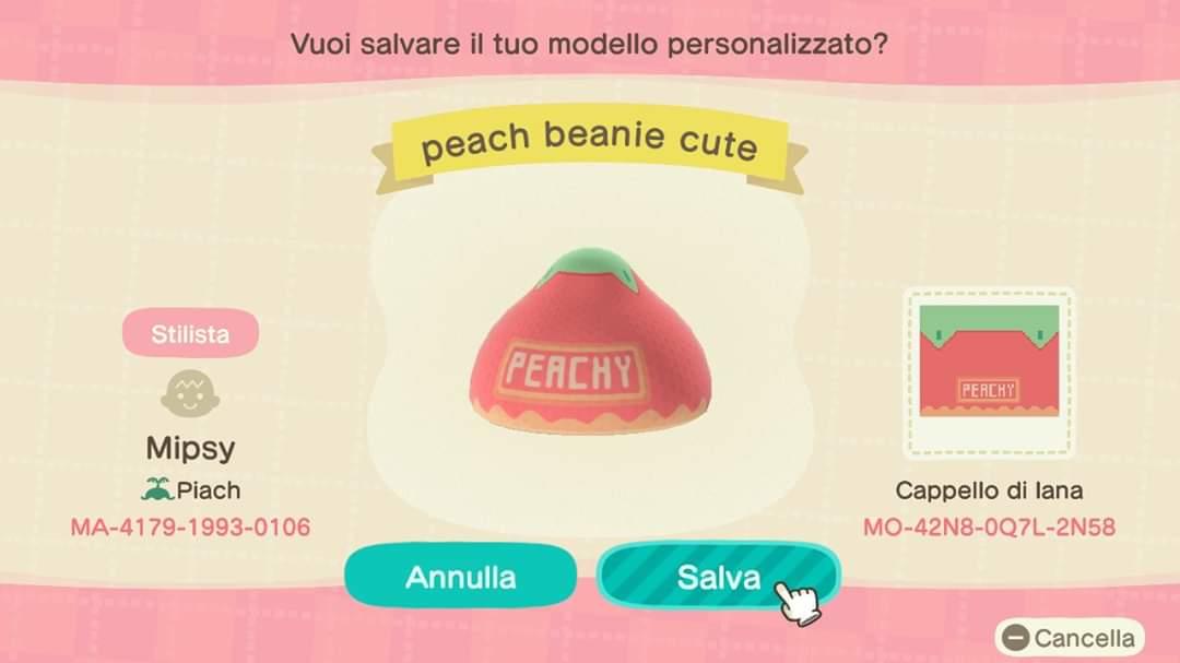 Animal Crossing Design Code: MO-42N8-0Q7L-2N58 Peach beanie