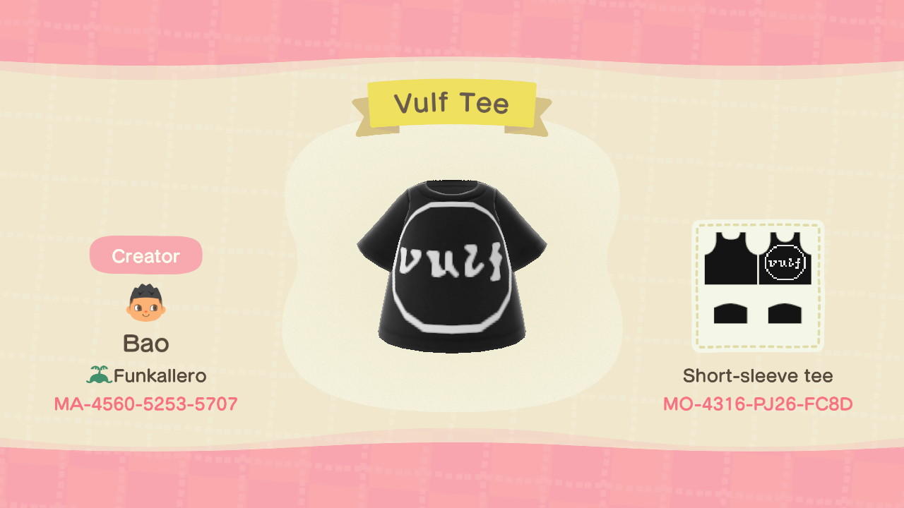 Animal Crossing Design Code: MO-4316-PJ26-FC8D Vulf Tee