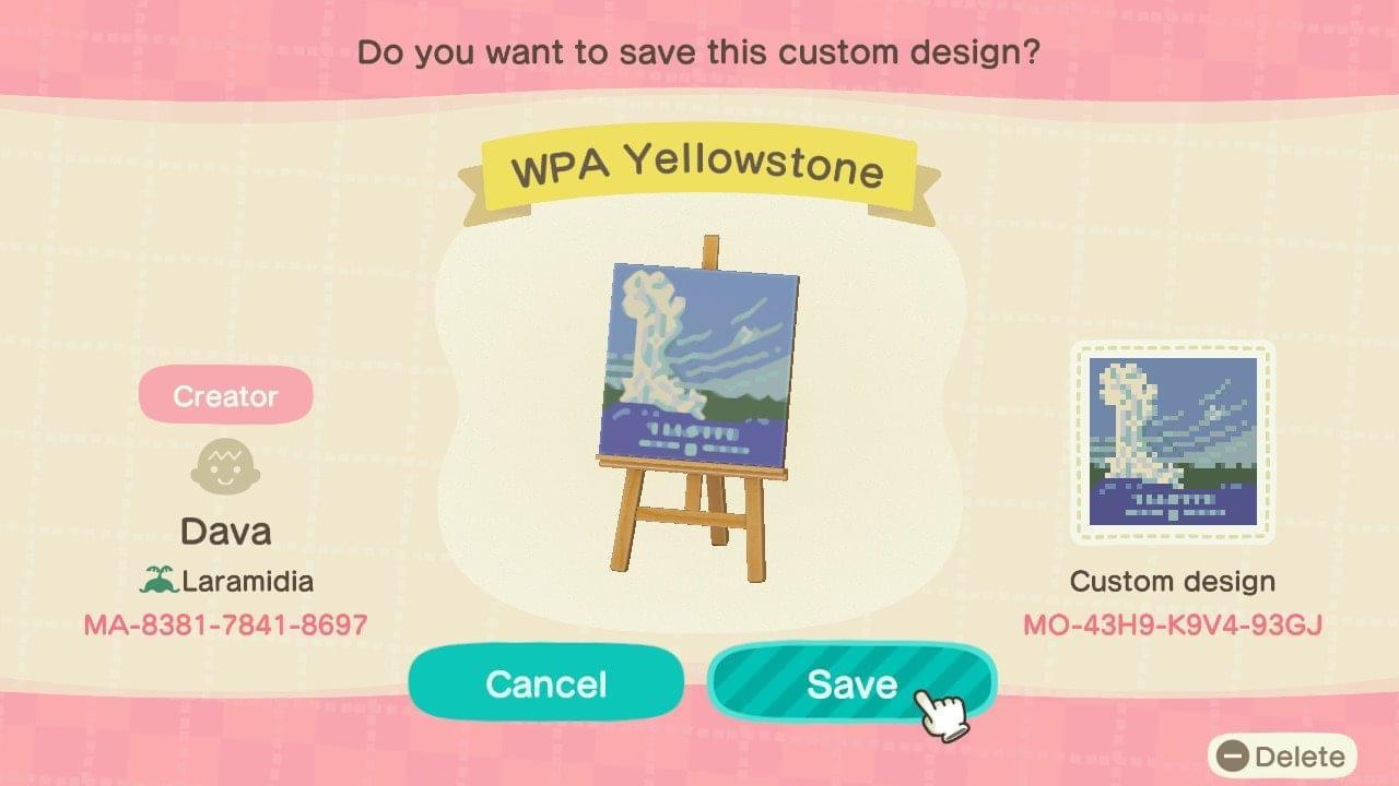 Animal Crossing Design Code: MO-43H9-K9V4-93GJ WPA Yellowstone