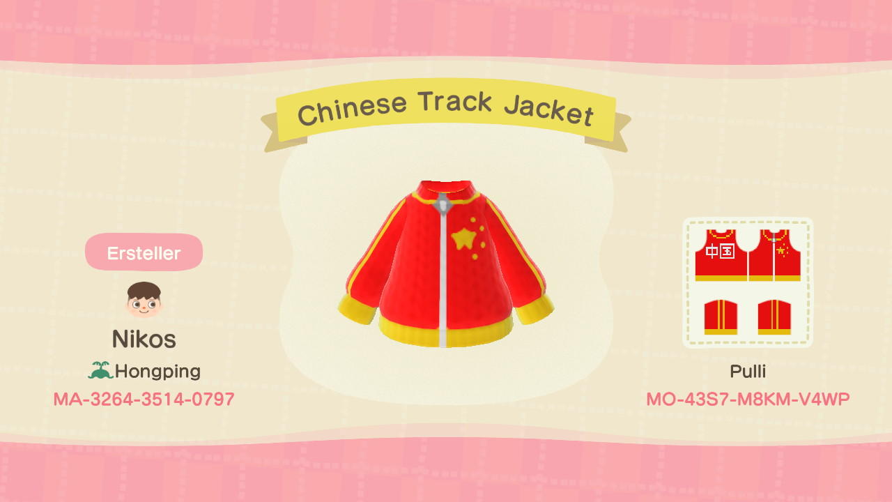 Animal Crossing Design Code: MO-43S7-M8KM-V4WP Chinese Track Jacket