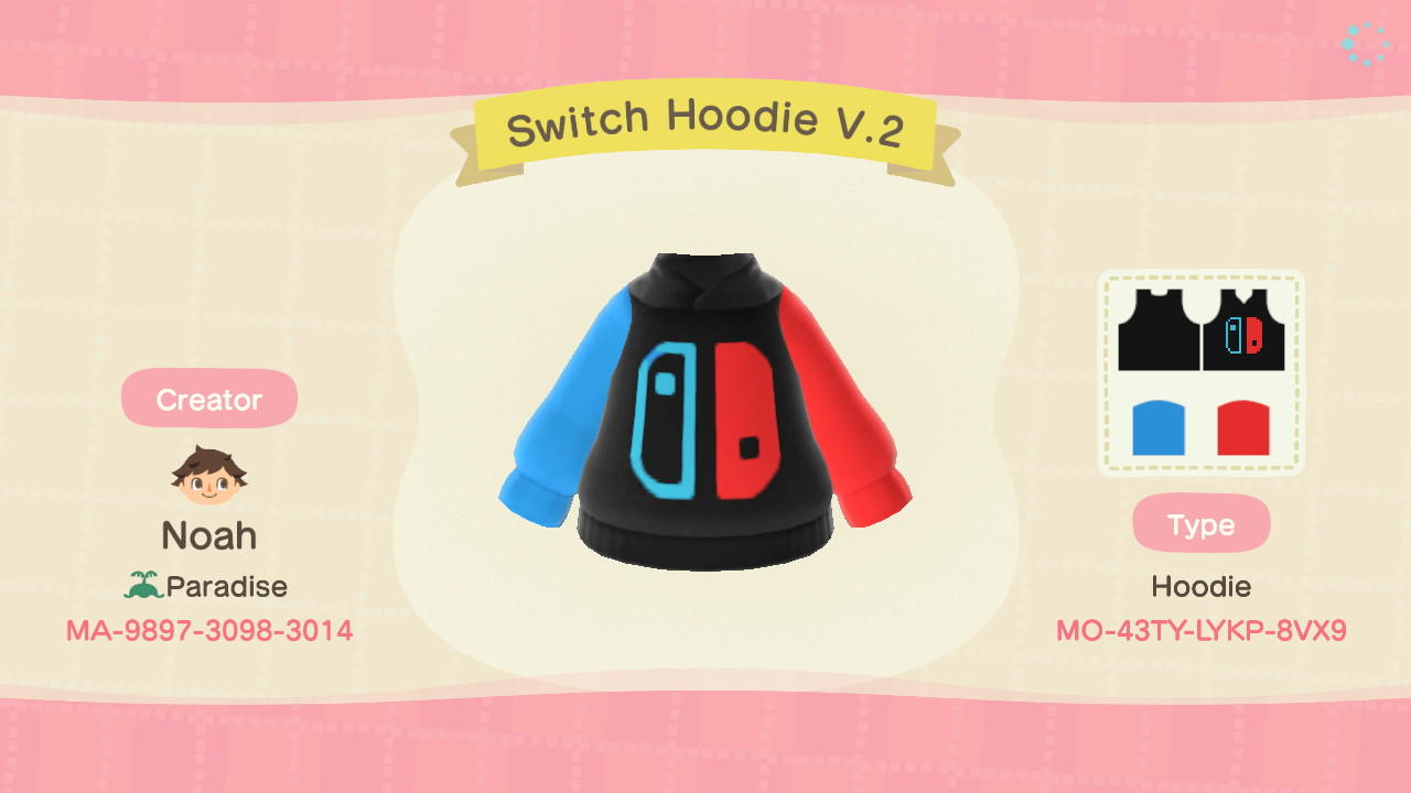 Animal Crossing Design Code: MO-43TY-LYKP-8VX9 Switch Hoodie V.2