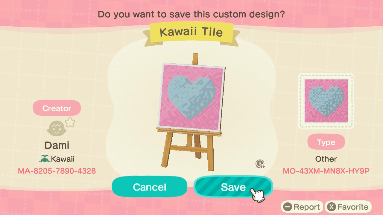 Animal Crossing Design Code: MO-43XM-MN8X-HY9P Kawaii Tile Heart