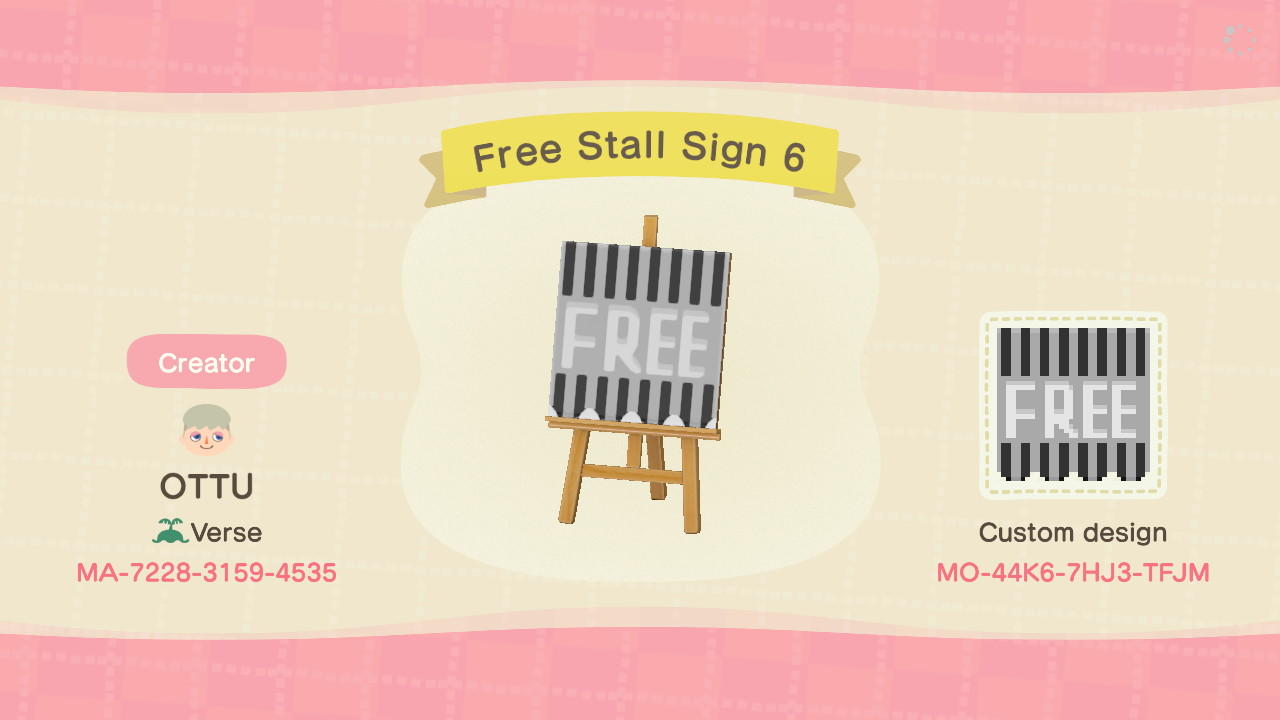 Animal Crossing Design Code: MO-44K6-7HJ3-TFJM Free Stall Sign 6