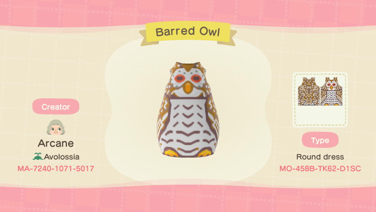 Animal Crossing Design Code: MO-458B-TK62-D1SC Barred Owl