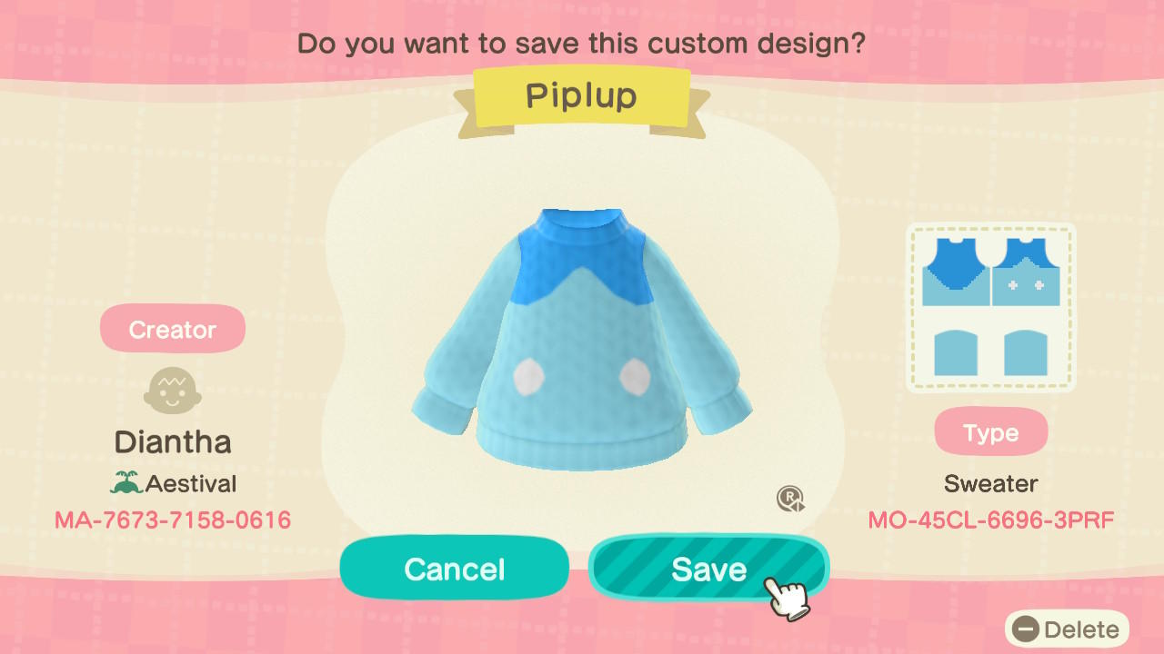 Animal Crossing Design Code: MO-45CL-6696-3PRF Piplup Sweater
