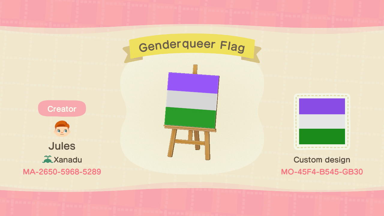 Animal Crossing Design Code: MO-45F4-B545-GB30 Genderqueer Flag