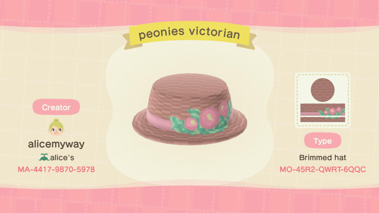 Animal Crossing Design Code: MO-45R2-QWRT-6QQC Peonies Hat