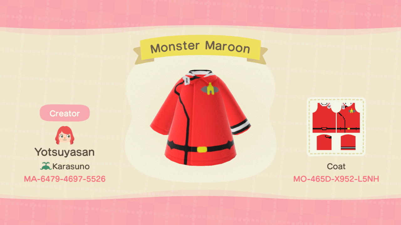 Animal Crossing Design Code: MO-465D-X952-L5NH Monster Maroon