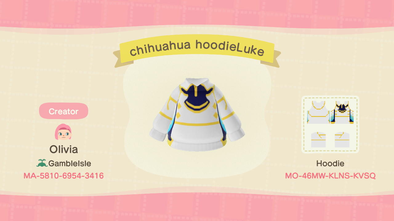 Animal Crossing Design Code: MO-46MW-KLNS-KVSQ Chihuahua hoodieLuke