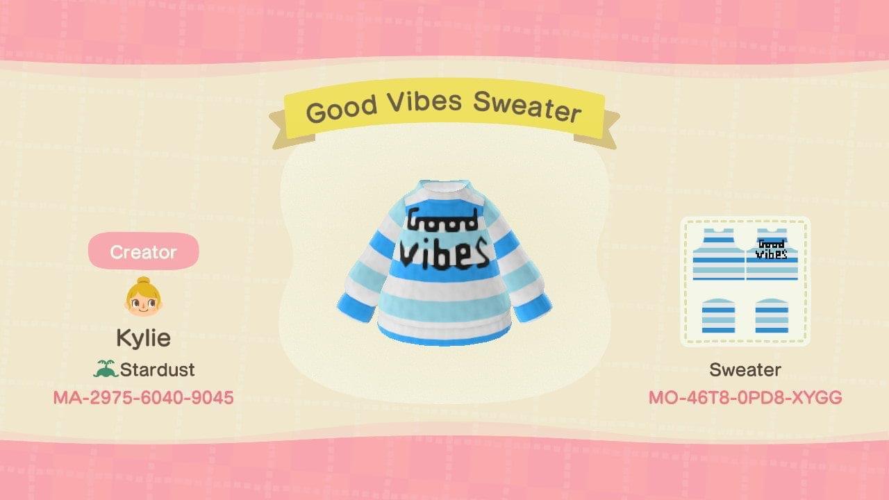 Animal Crossing Design Code: MO-46T8-0PD8-XYGG Good Vibes Sweater