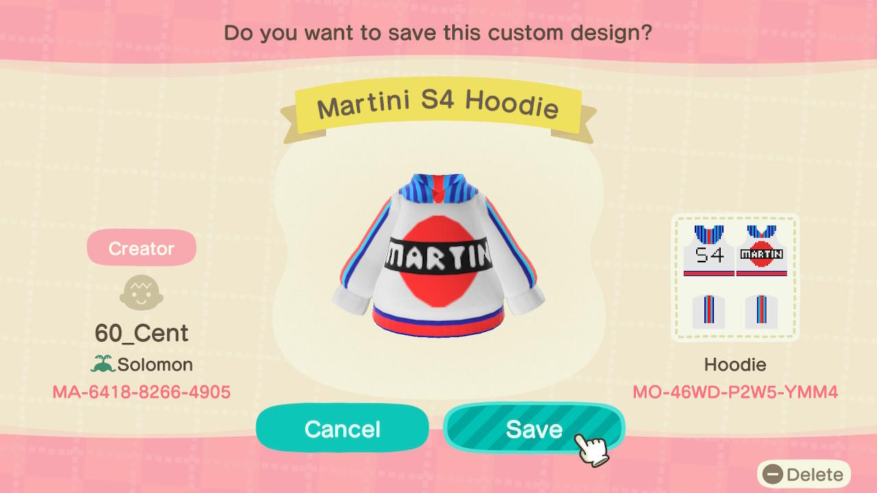 Animal Crossing Design Code: MO-46WD-P2W5-YMM4 Martini S4 Hoodie