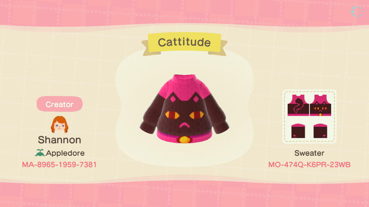 Animal Crossing Design Code: MO-474Q-K6PR-23WB Cattitude