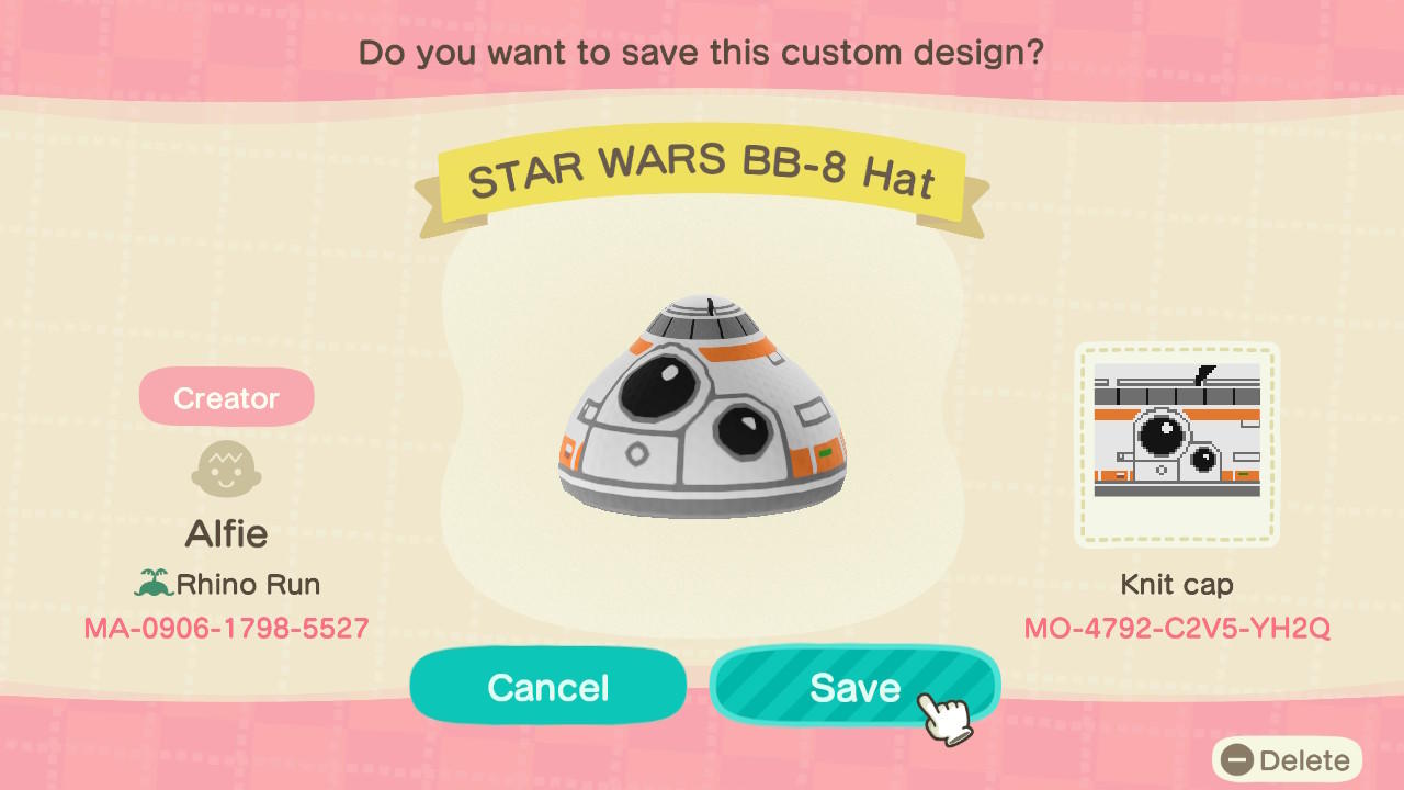 Animal Crossing Design Code: MO-4792-C2V5-YH2Q STAR WARS BB-8 Hat