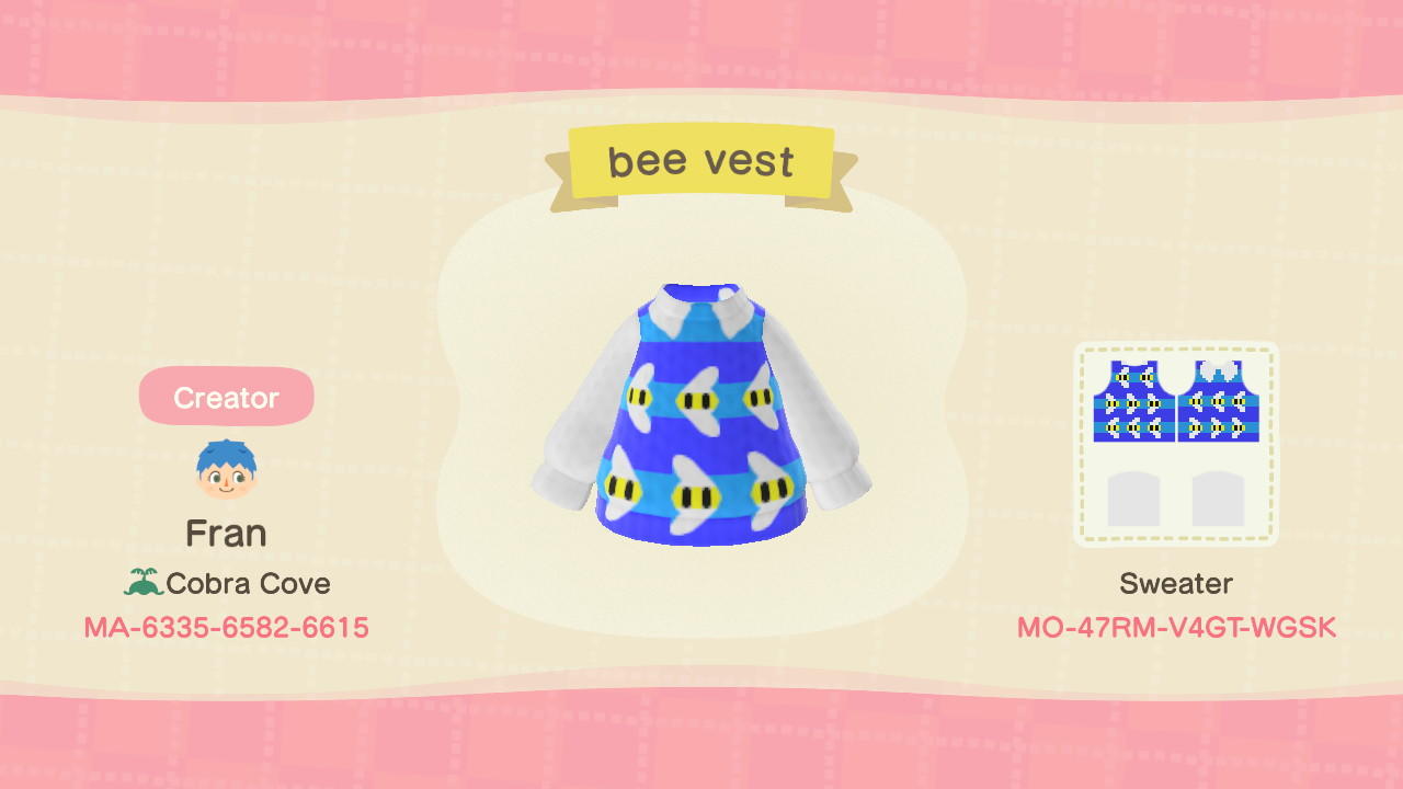 Animal Crossing Design Code: MO-47RM-V4GT-WGSK Bee Sweater Vest