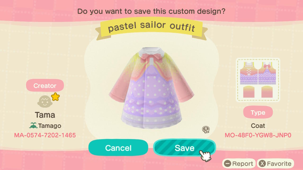 Animal Crossing Design Code: MO-48F0-YGW8-JNP0 Pastel Sailor Outfit