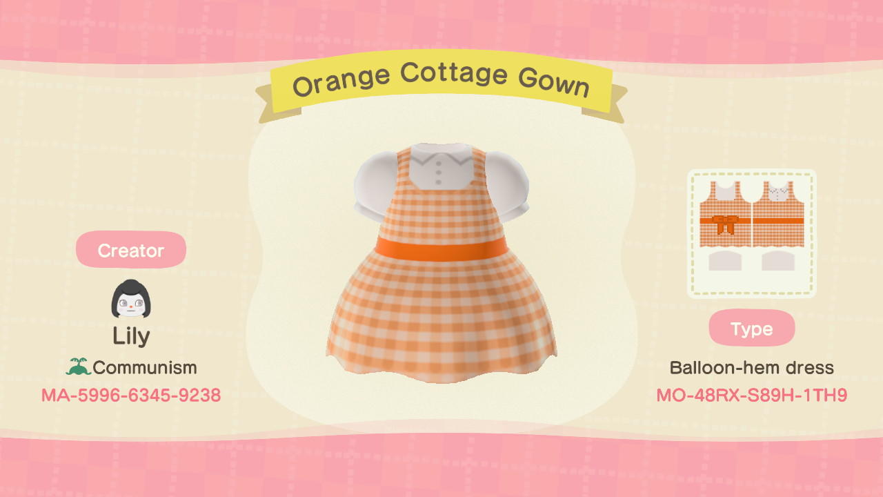 Animal Crossing Design Code: MO-48RX-S89H-1TH9 Orange Cottage Gown