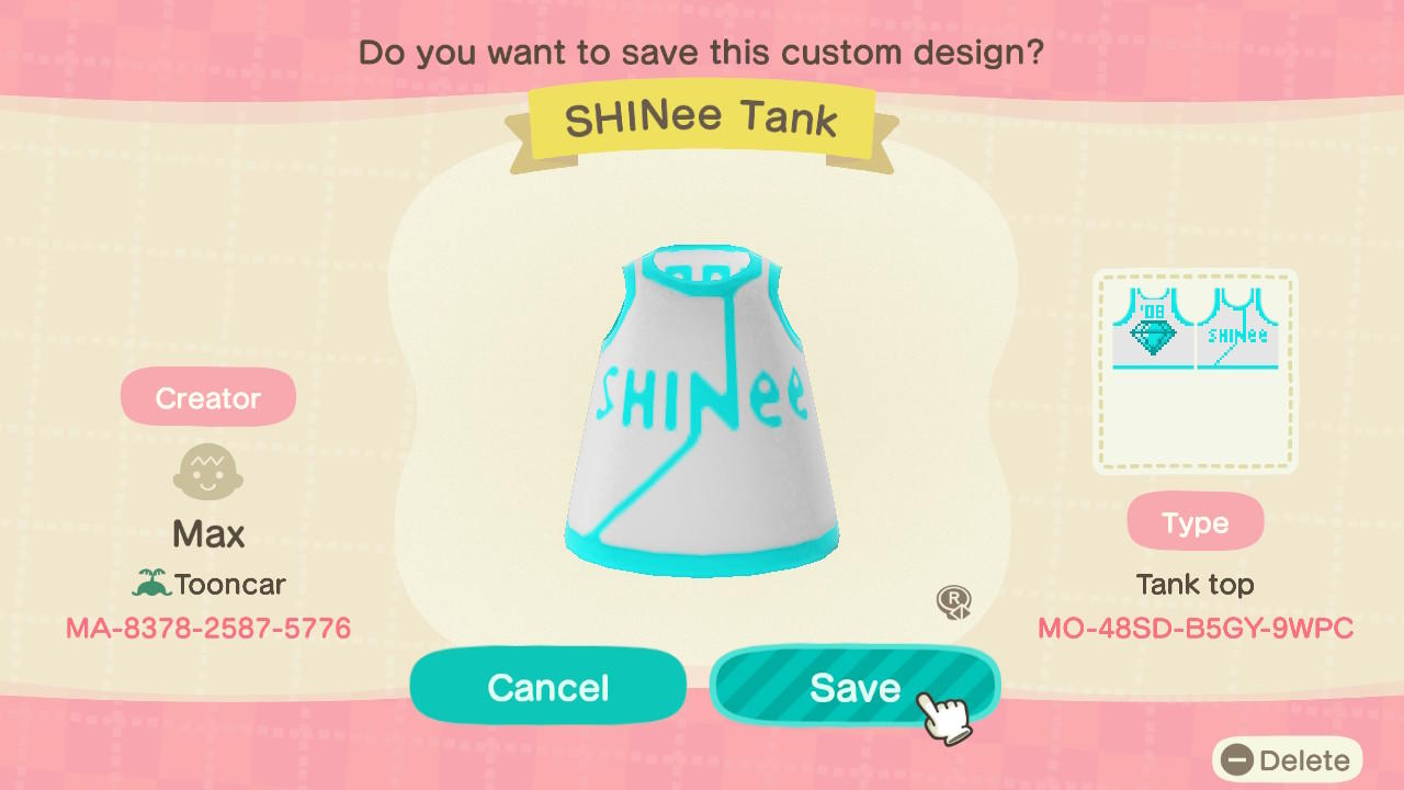 Animal Crossing Design Code: MO-48SD-B5GY-9WPC SHINee Tank