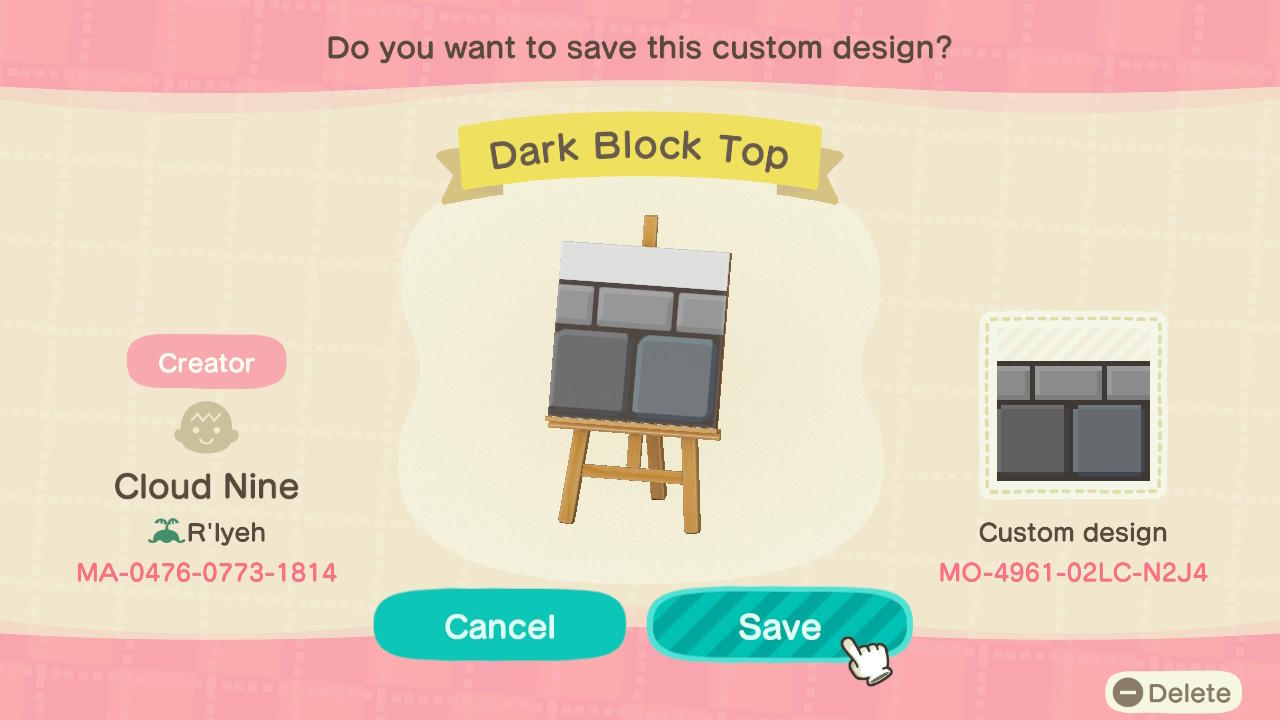 Animal Crossing Design Code: MO-4961-02LC-N2J4 Dark Block Top