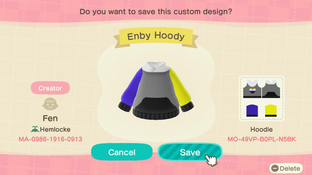 Animal Crossing Design Code: MO-49VP-B0PL-N5BK Enby Hoody