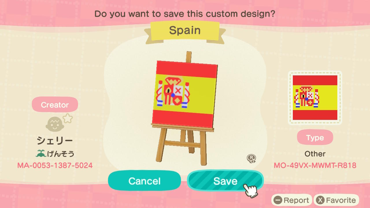 Animal Crossing Design Code: MO-49VX-MWMT-R818 Spain
