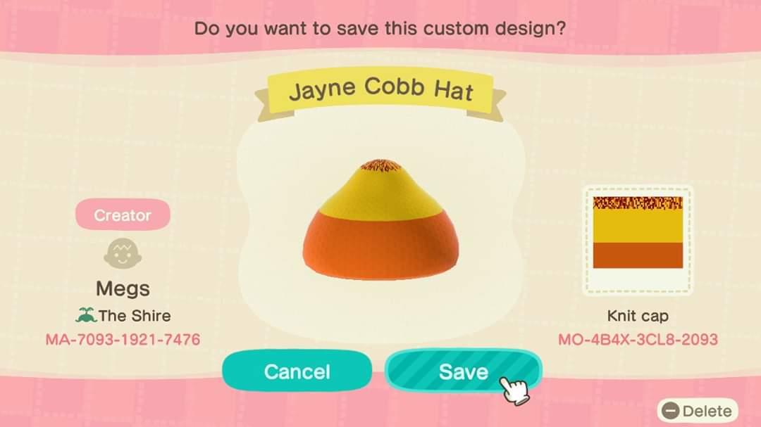 Animal Crossing Design Code: MO-4B4X-3CL8-2093 Jayne Cobb Hat
