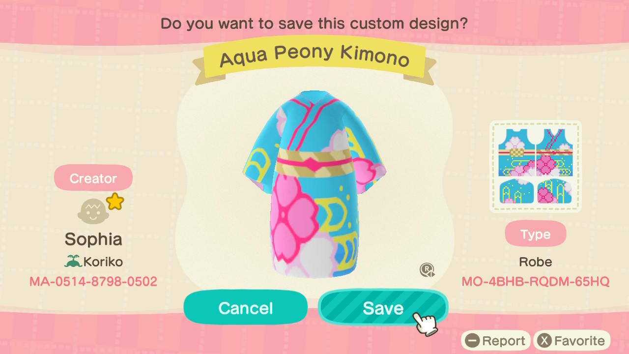 Animal Crossing Design Code: MO-4BHB-RQDM-65HQ Aqua Peony Kimono