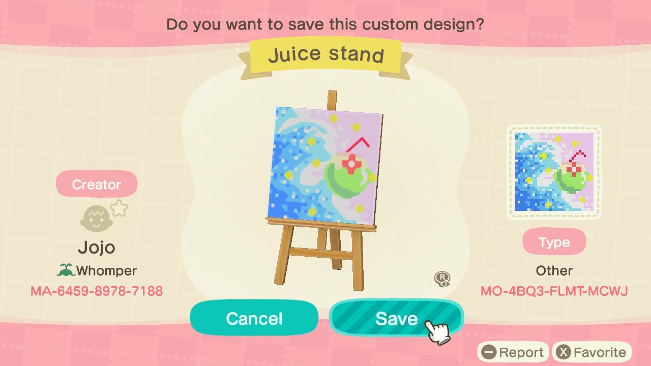 Animal Crossing Design Code: MO-4BQ3-FLMT-MCWJ Juice Stand