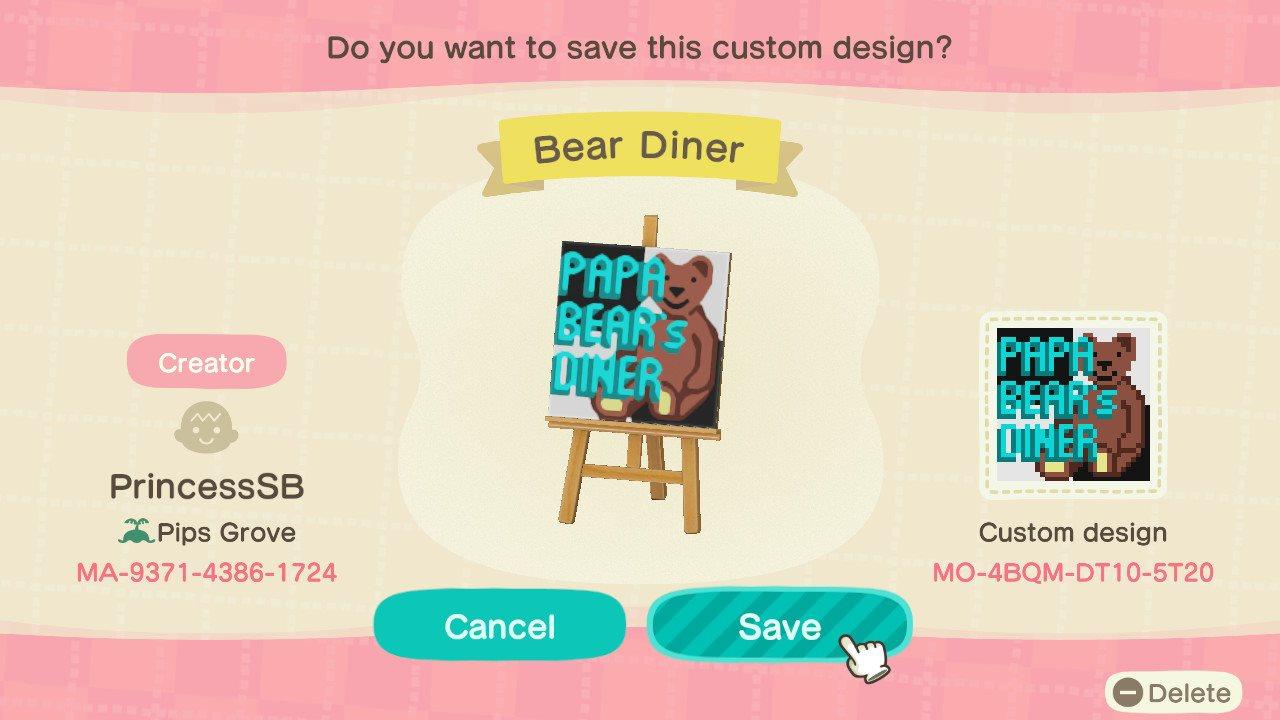 Animal Crossing Design Code: MO-4BQM-DT10-5T20 Papa Bear Diner Sign