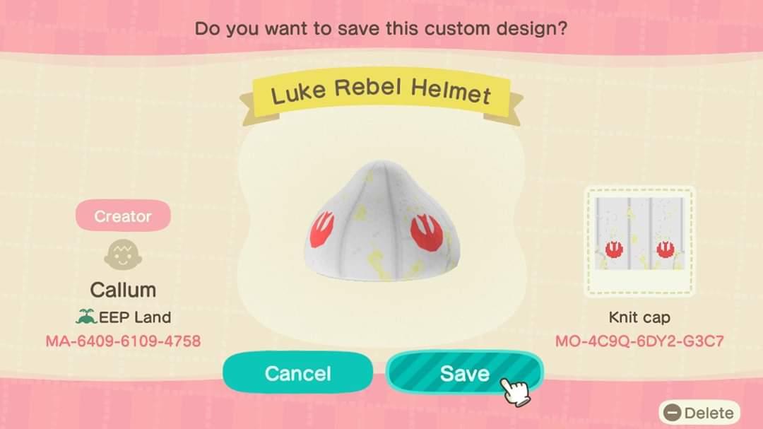 Animal Crossing Design Code: MO-4C9Q-6DY2-G3C7 Star Wars Luke Helme