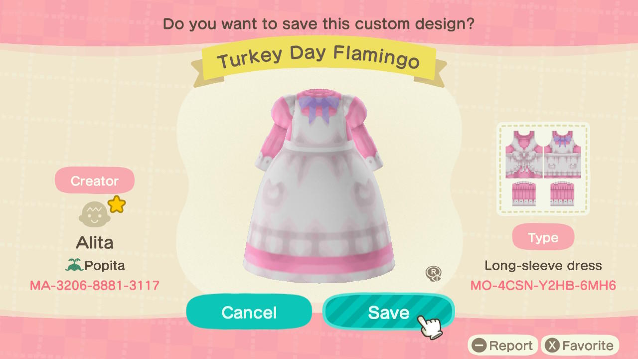 Animal Crossing Design Code: MO-4CSN-Y2HB-6MH6 Turkey Day Flamingo