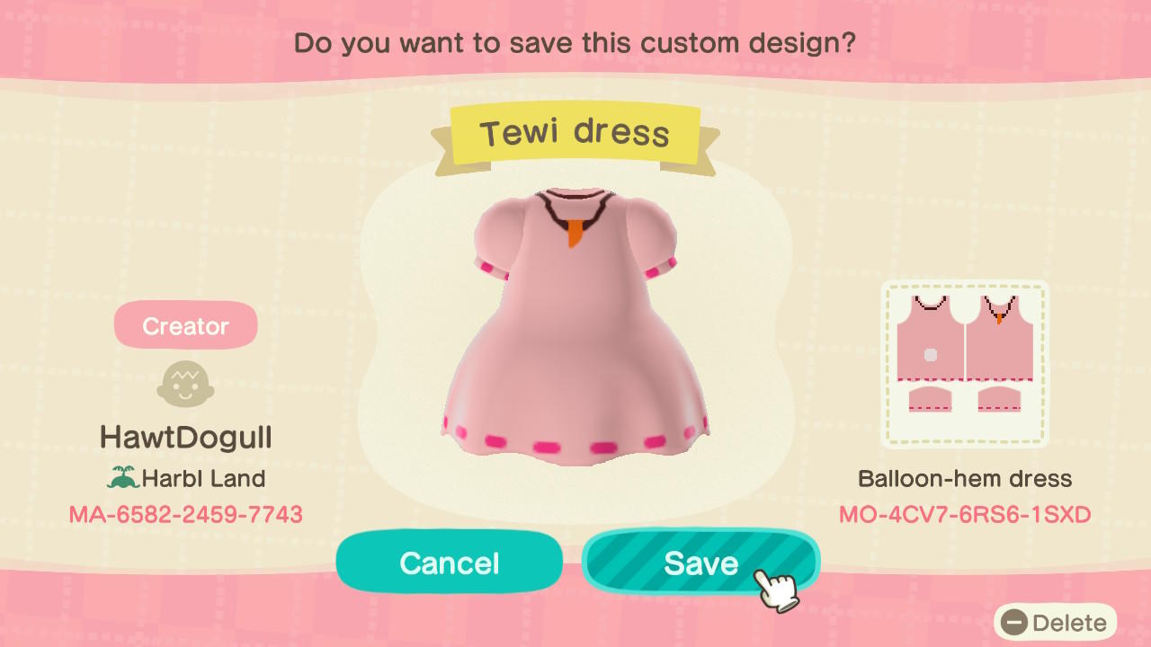 Animal Crossing Design Code: MO-4CV7-6RS6-1SXD Tewi dress
