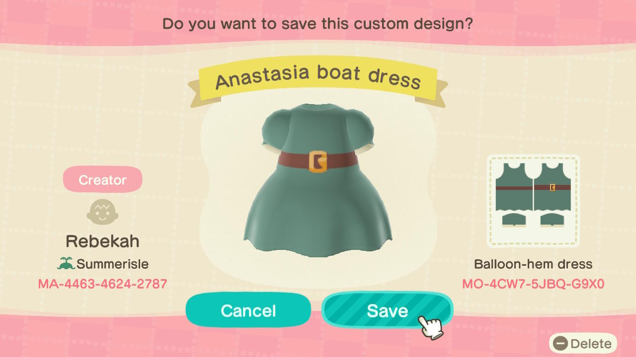 Animal Crossing Design Code: MO-4CW7-5JBQ-G9X0 Anastasia boat dress