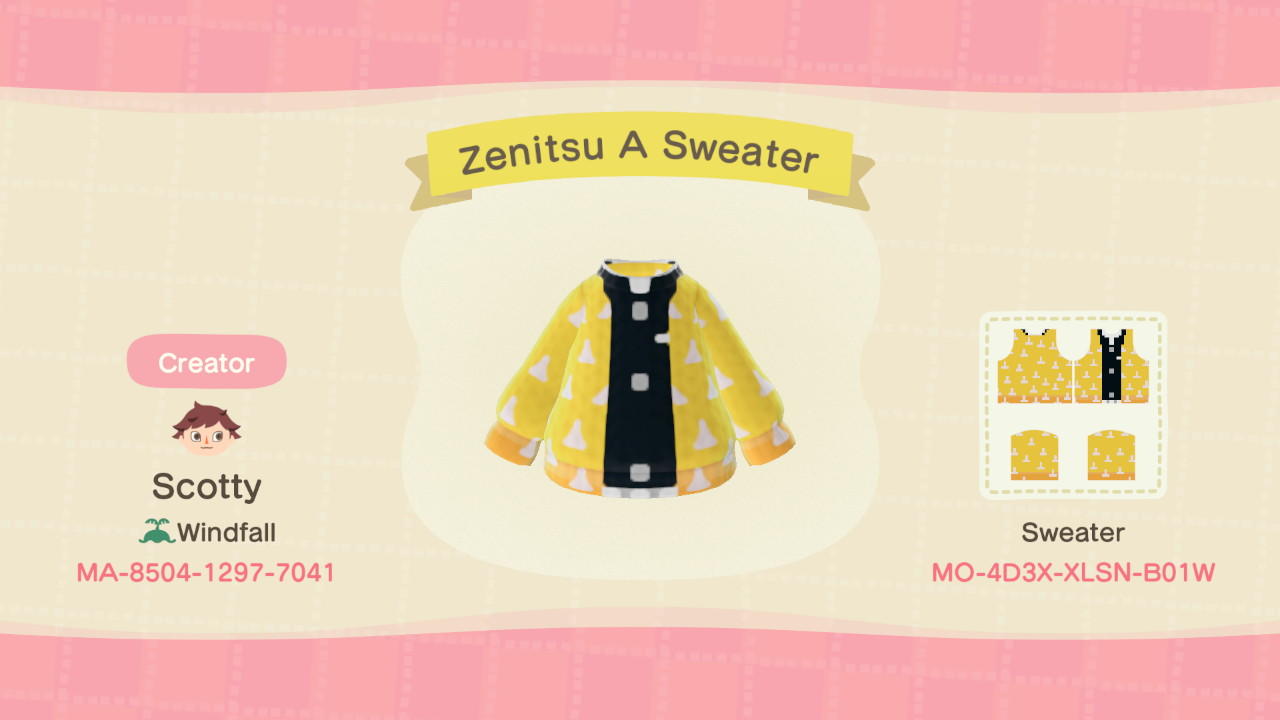 Animal Crossing Design Code: MO-4D3X-XLSN-B01W Zenitsu A Sweater