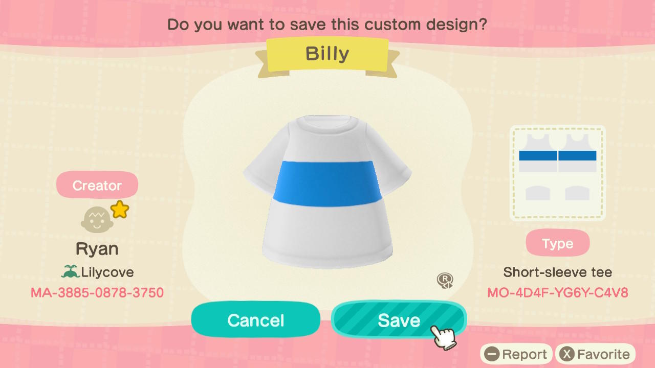 Animal Crossing Design Code: MO-4D4F-YG6Y-C4V8 Billy