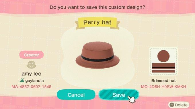 Animal Crossing Design Code: MO-4D6H-Y0SW-KMKH Perry Hat