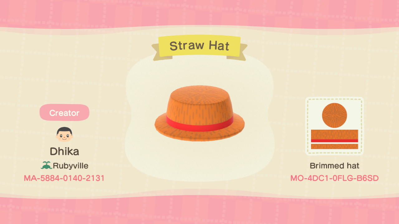 Animal Crossing Design Code: MO-4DC1-0FLG-B6SD Luffy Straw Hat