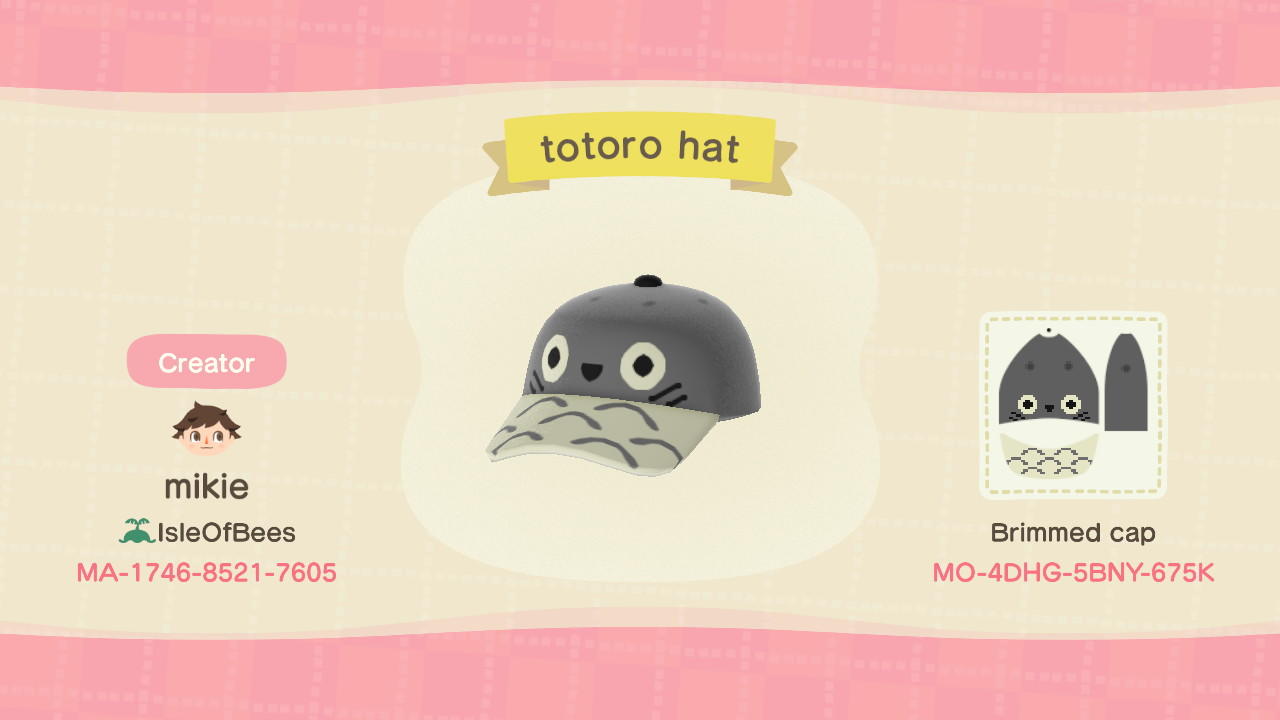 Animal Crossing Design Code: MO-4DHG-5BNY-675K a totoro cap