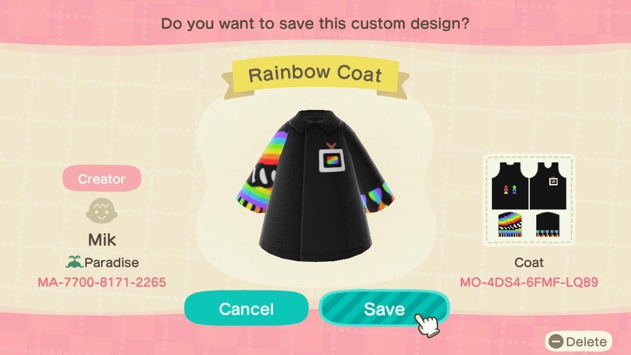 Animal Crossing Design Code: MO-4DS4-6FMF-LQ89 Rainbow Coat