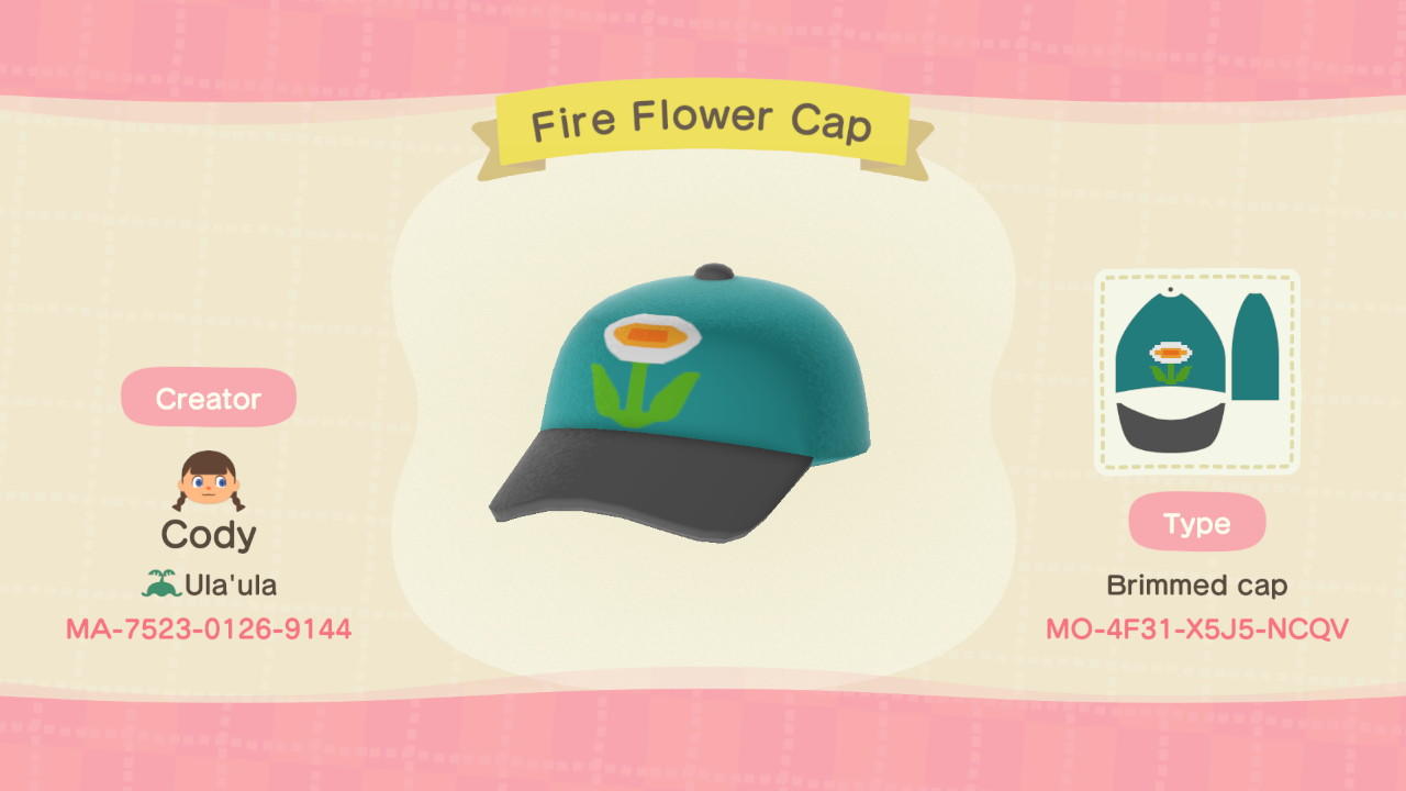 Animal Crossing Design Code: MO-4F31-X5J5-NCQV Fire Flower Cap