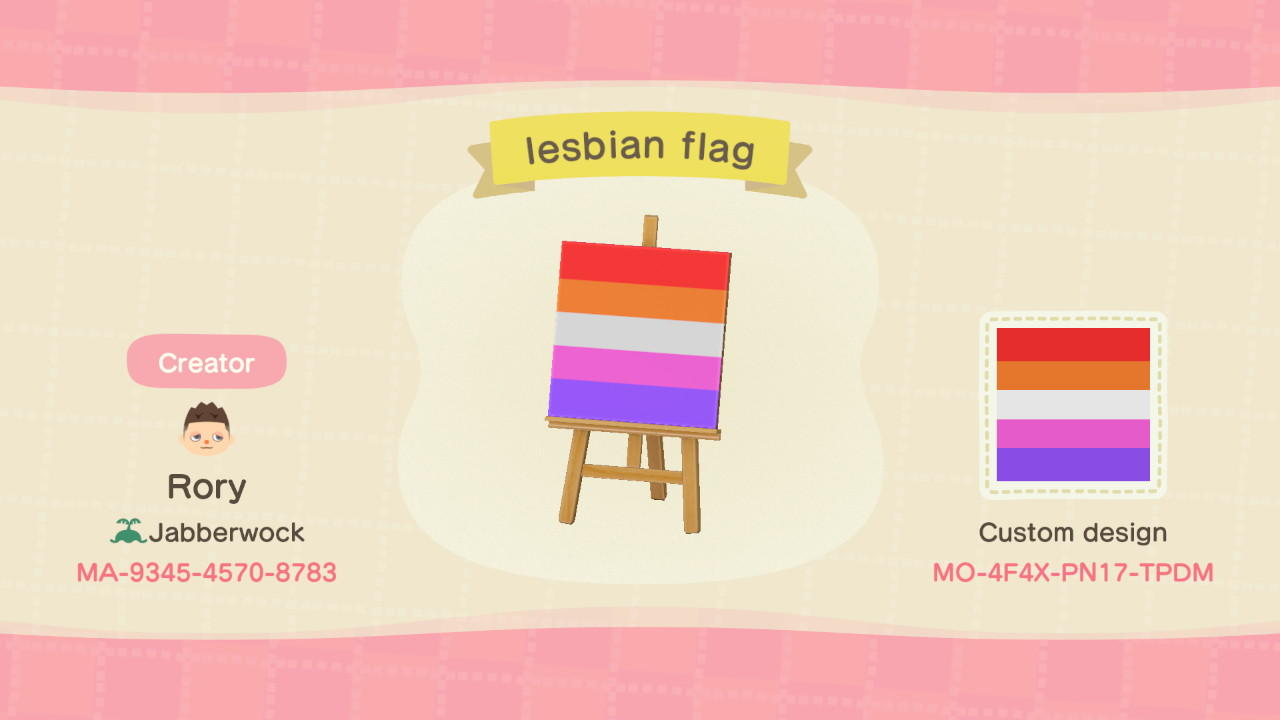 Animal Crossing Design Code: MO-4F4X-PN17-TDPM lesbian flag