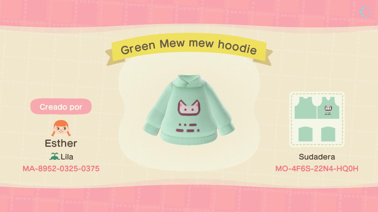 Animal Crossing Design Code: MO-4F6S-22N4-HQ0H Green Mew Mew Hoodie